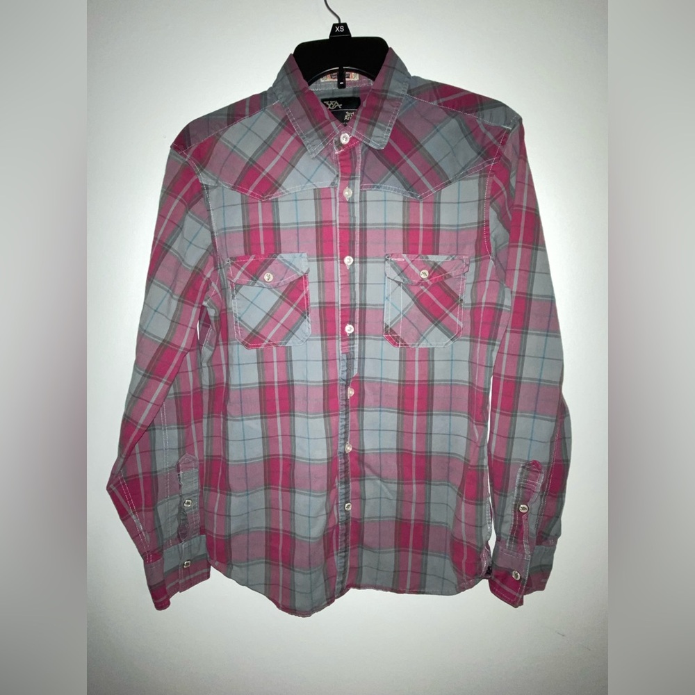 Pink and Gray Casual Button Down Shirt with Plaid Pattern
